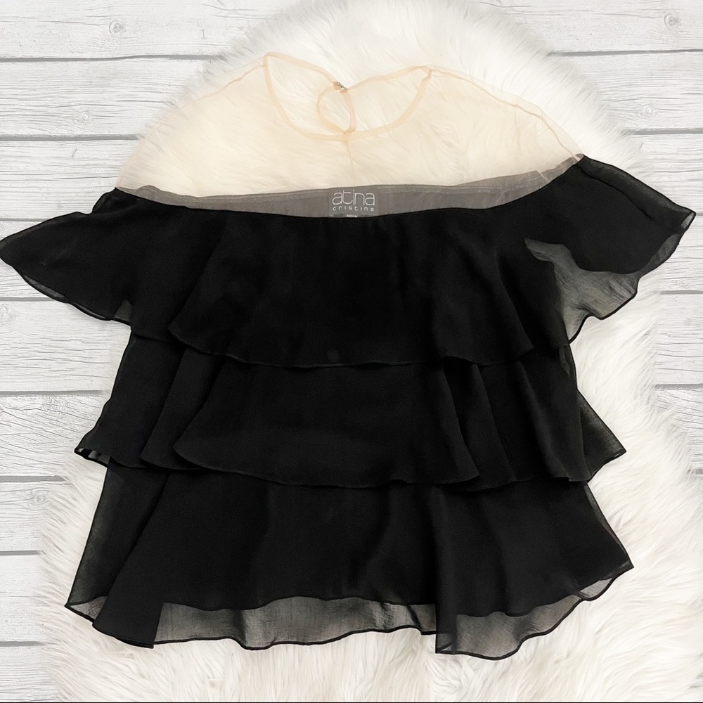 Atina Cristina black ruffle short sleeve top